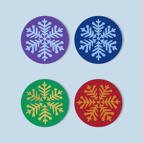 Jewel-Tone Snowflakes paint by numbers coasters – Four bold snowflakes: lilac on purple, pale blue on navy, gold on green and gold on red