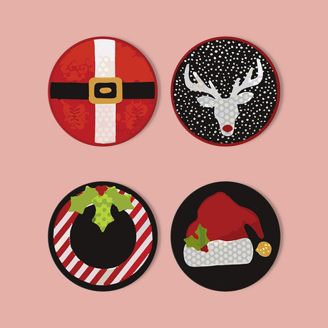 Santa's Belt and Candy Stripes paint by numbers coasters – Four graphic Christmas motifs: Santa's belt buckle, reindeer in snow, a holly candy-stripe ring and a Santa hat