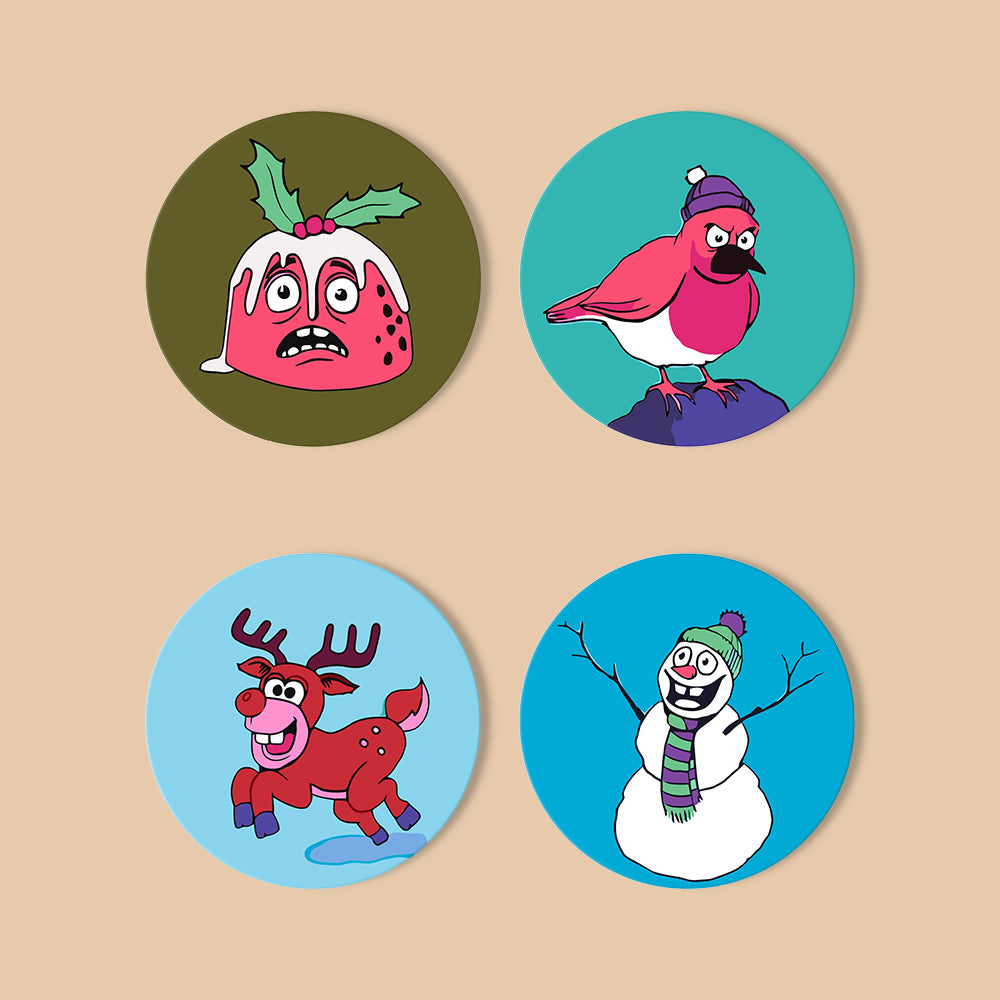 Cheeky Robin and Pudding Pals paint by numbers coasters – Four quirky cartoon winter characters: a startled Christmas pudding, robin in a beanie, prancing reindeer and snowman