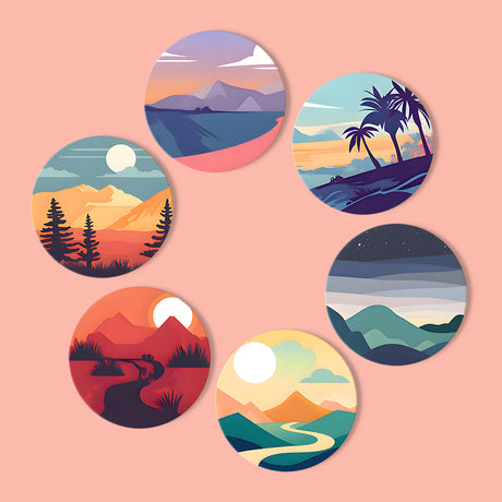 Pastel Mountain Daydreams paint by numbers coasters – Six minimalist landscapes: misty lake peaks, palm island, pine forest with moon, night hills and winding rivers
