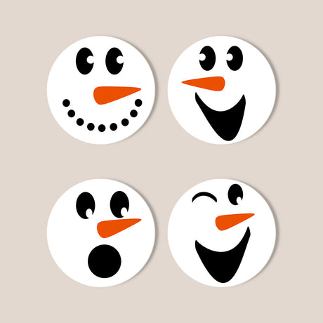 Carrot-Nosed Snowman Grins paint by numbers coasters – Four snowman faces with coal eyes and carrot noses: a smile, a big grin, a surprised gasp and a wink