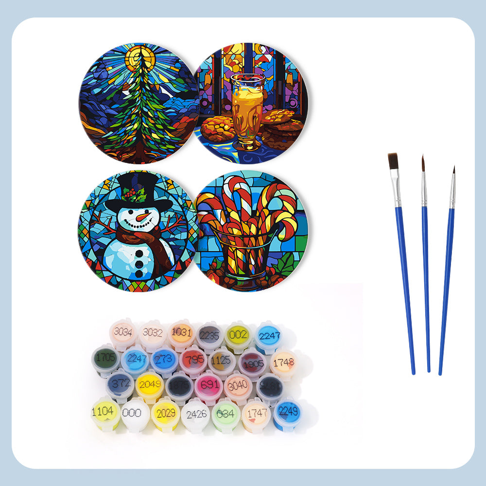 Stained Glass Christmas Eve paint by numbers coasters – what's in the kit: the 4 coasters, numbered paints and brushes