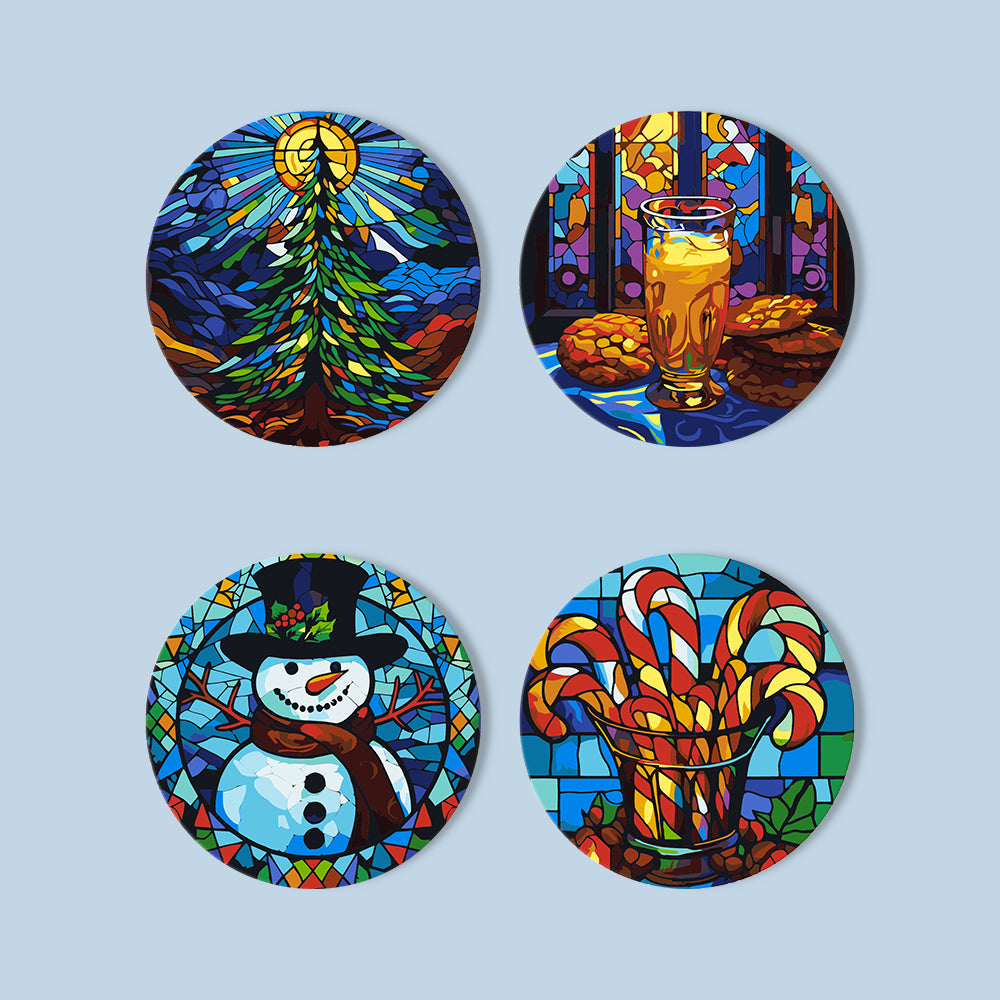 Stained Glass Christmas Eve paint by numbers coasters – Four stained-glass Christmas scenes: starry-night tree, drink and cookies, top-hat snowman and candy canes