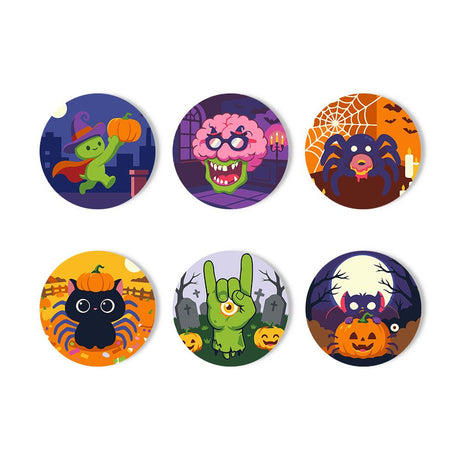 Goofy Zombie and Spider Party paint by numbers coasters – Cartoon Halloween monsters: a pumpkin goblin, a brain zombie, spiders, a graveyard zombie hand and a bat in a pumpkin