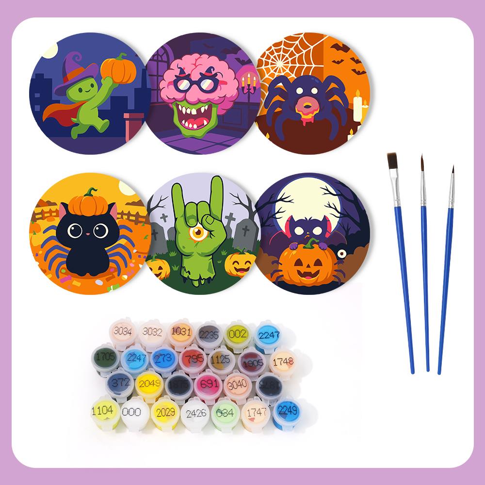 Goofy Zombie and Spider Party paint by numbers coasters – what's in the kit: the 6 coasters, numbered paints and brushes