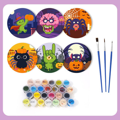 Goofy Zombie and Spider Party paint by numbers coasters – what's in the kit: the 6 coasters, numbered paints and brushes