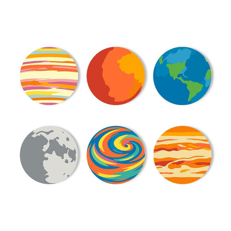 Earth and Moon Planet Parade paint by numbers coasters – Painted planets: a pastel gas giant, red Mars, Earth, the cratered Moon, a rainbow swirl world and banded Jupiter