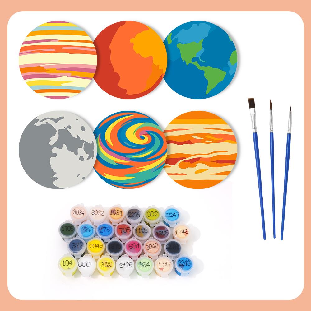 Earth and Moon Planet Parade paint by numbers coasters – what's in the kit: the 6 coasters, numbered paints and brushes