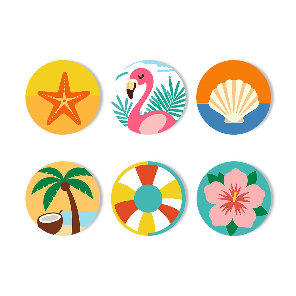 Flamingo and Starfish Beach Day paint by numbers coasters – Bright beach icons: a starfish, a flamingo, a scallop shell, a palm tree with coconut, a striped float and a hibiscus