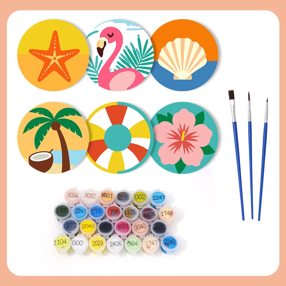 Flamingo and Starfish Beach Day paint by numbers coasters – what's in the kit: the 6 coasters, numbered paints and brushes