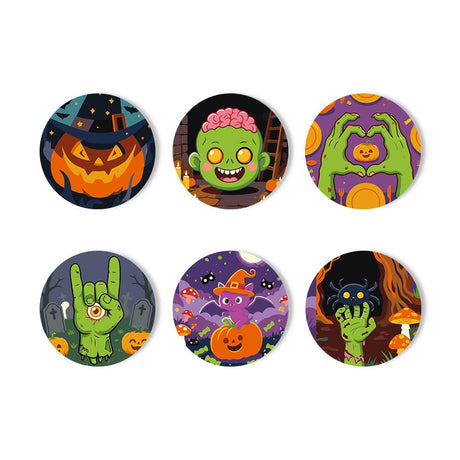 Zombie Hands and Witchy Pumpkin paint by numbers coasters – Dark Halloween art: a witch-hat jack-o'-lantern, a brain zombie, green zombie hands, a little witch on a pumpkin