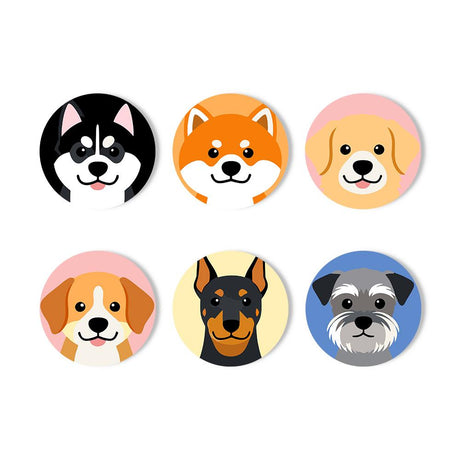 Happy Puppy Breed Portraits paint by numbers coasters – Smiling dog faces: a husky, a shiba inu, a golden puppy, a beagle, a doberman and a schnauzer on pastel circles