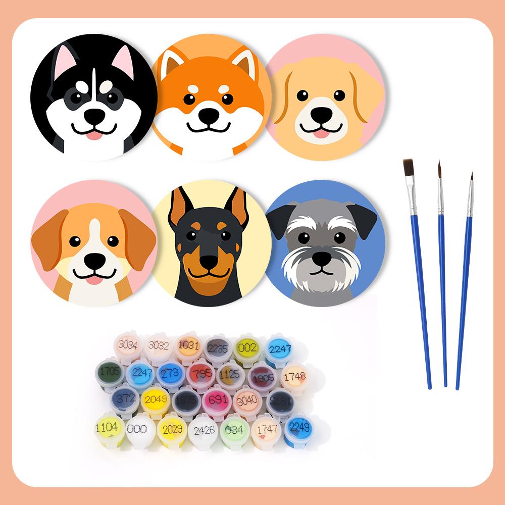 Happy Puppy Breed Portraits paint by numbers coasters – what's in the kit: the 6 coasters, numbered paints and brushes