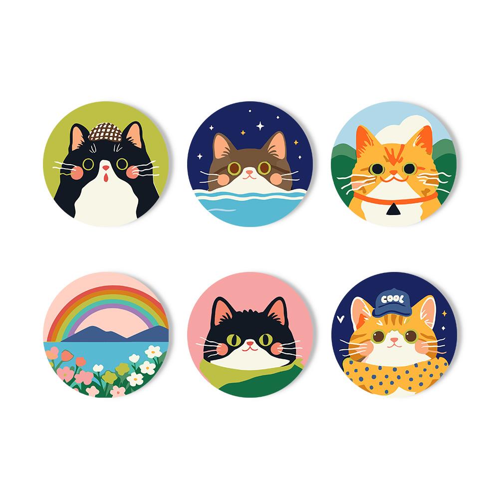 Dapper Cats and Rainbow Hills paint by numbers coasters – Cartoon cats in caps, bow ties and a leopard jacket, a tabby in starlit water, a black cat and a rainbow landscape