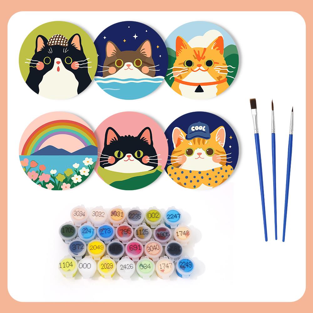 Dapper Cats and Rainbow Hills paint by numbers coasters – what's in the kit: the 6 coasters, numbered paints and brushes