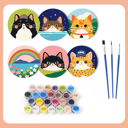 Dapper Cats and Rainbow Hills paint by numbers coasters – what's in the kit: the 6 coasters, numbered paints and brushes