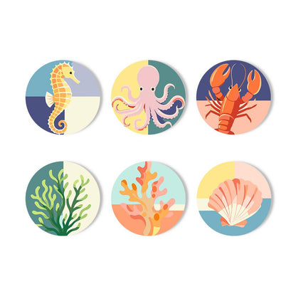 Seahorse and Octopus Sea Life paint by numbers coasters – Pastel color-block sea life: a seahorse, an octopus, a lobster, seaweed, branching coral and a scallop shell