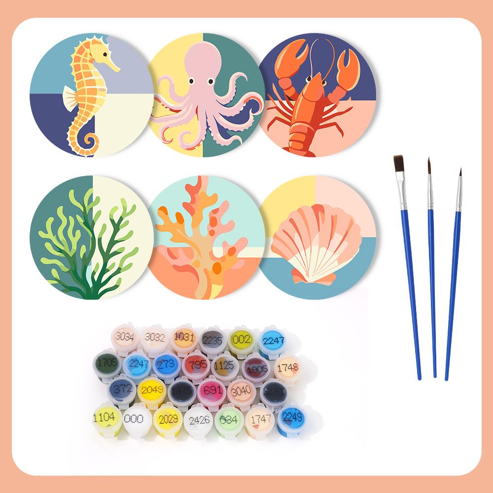 Seahorse and Octopus Sea Life paint by numbers coasters – what's in the kit: the 6 coasters, numbered paints and brushes