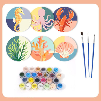 Seahorse and Octopus Sea Life paint by numbers coasters – what's in the kit: the 6 coasters, numbered paints and brushes