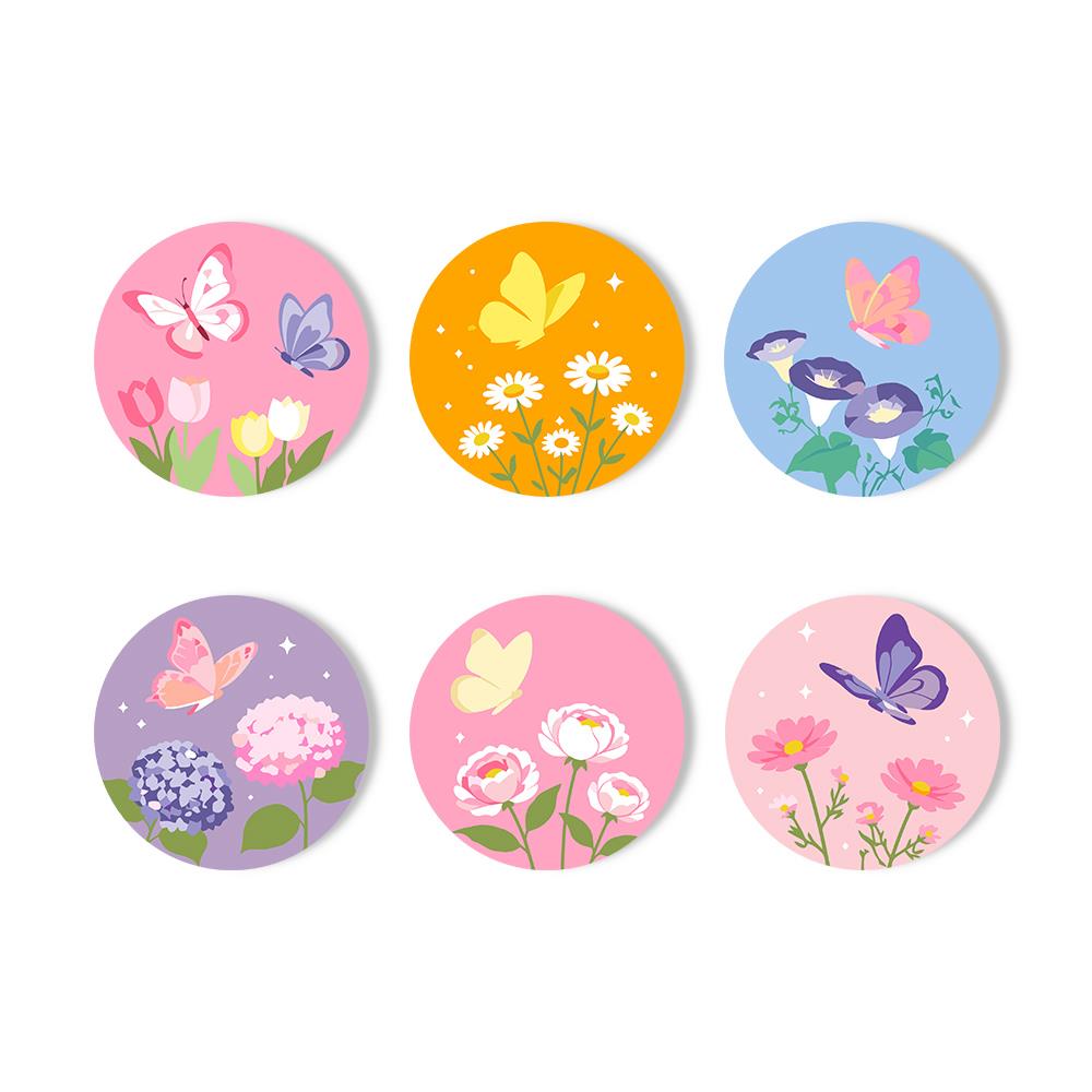 Pastel Butterfly Meadow paint by numbers coasters – Pastel butterflies over flowers: tulips, daisies, morning glories, hydrangeas, peonies and cosmos on soft colors
