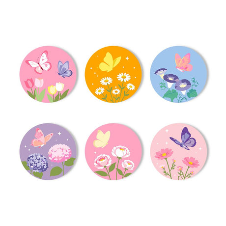 Pastel Butterfly Meadow paint by numbers coasters – Pastel butterflies over flowers: tulips, daisies, morning glories, hydrangeas, peonies and cosmos on soft colors