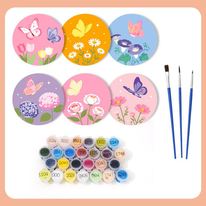 Pastel Butterfly Meadow paint by numbers coasters – what's in the kit: the 6 coasters, numbered paints and brushes