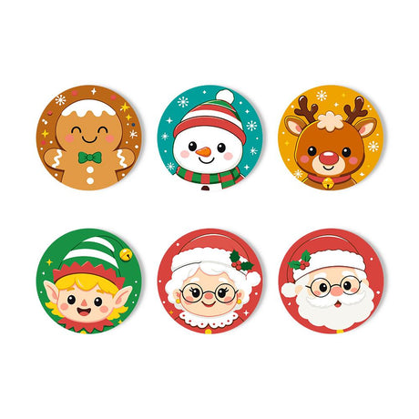 Jolly Christmas Character Faces paint by numbers coasters – Cute Christmas faces: a gingerbread man, a snowman in a striped hat, a reindeer, an elf, Mrs. Claus and Santa Claus