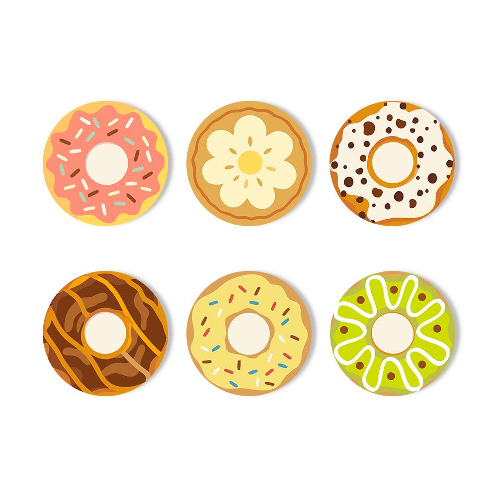 Sprinkle Donut Bakery paint by numbers coasters – Donuts: pink with sprinkles, a daisy cookie, chocolate chip, chocolate drizzle, vanilla sprinkle and green lime glaze