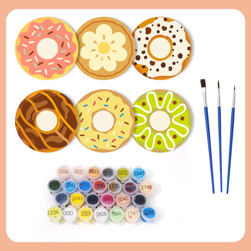 Sprinkle Donut Bakery paint by numbers coasters – what's in the kit: the 6 coasters, numbered paints and brushes