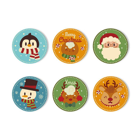 Stitched Penguin Christmas Pals paint by numbers coasters – Stitched-edge Christmas badges: a penguin in a scarf, gingerbread, Santa in glasses, a snowman, and two reindeer