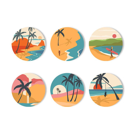 Palm Shore Sunsets paint by numbers coasters – Six beach scenes with palm trees, sunsets, turquoise sea, a palm swing and a surfer on the sand in warm tones