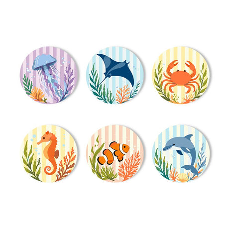 Pastel Stripe Sea Creatures paint by numbers coasters – Jellyfish, manta ray, crab, seahorse, clownfish and dolphin among seaweed on pastel striped backgrounds