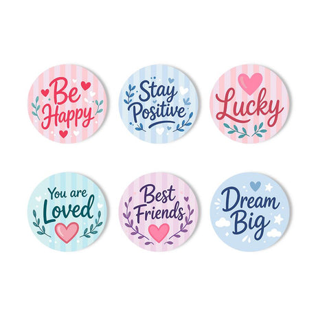 Pastel Pep Talk Lettering paint by numbers coasters – Hand-lettered phrases Be Happy, Stay Positive, Lucky, You are Loved, Best Friends and Dream Big with small hearts