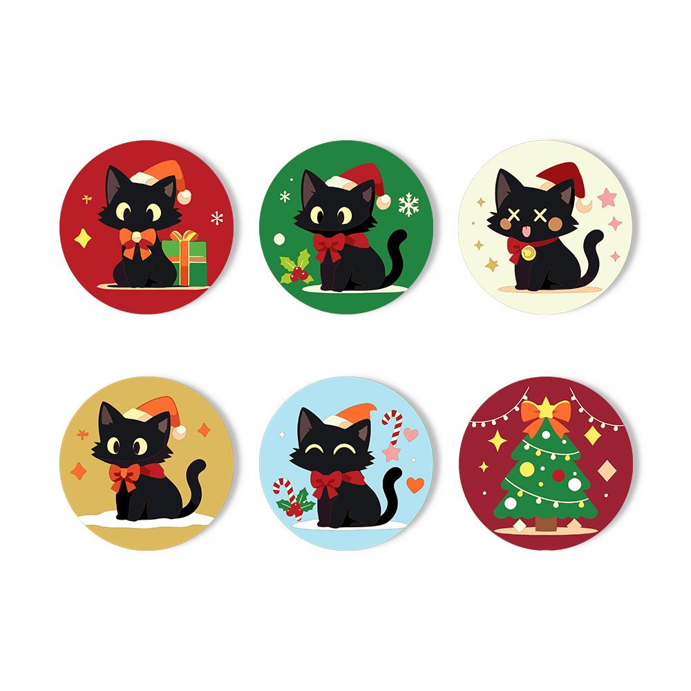 Santa Hat Black Cats paint by numbers coasters – Five black cats in Santa hats and red bows with gifts and candy canes, plus a decorated Christmas tree