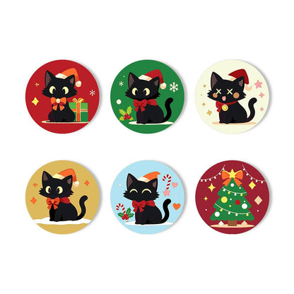 Santa Hat Black Cats paint by numbers coasters – Five black cats in Santa hats and red bows with gifts and candy canes, plus a decorated Christmas tree