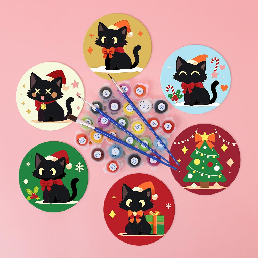 Santa Hat Black Cats paint by numbers coasters – image 3
