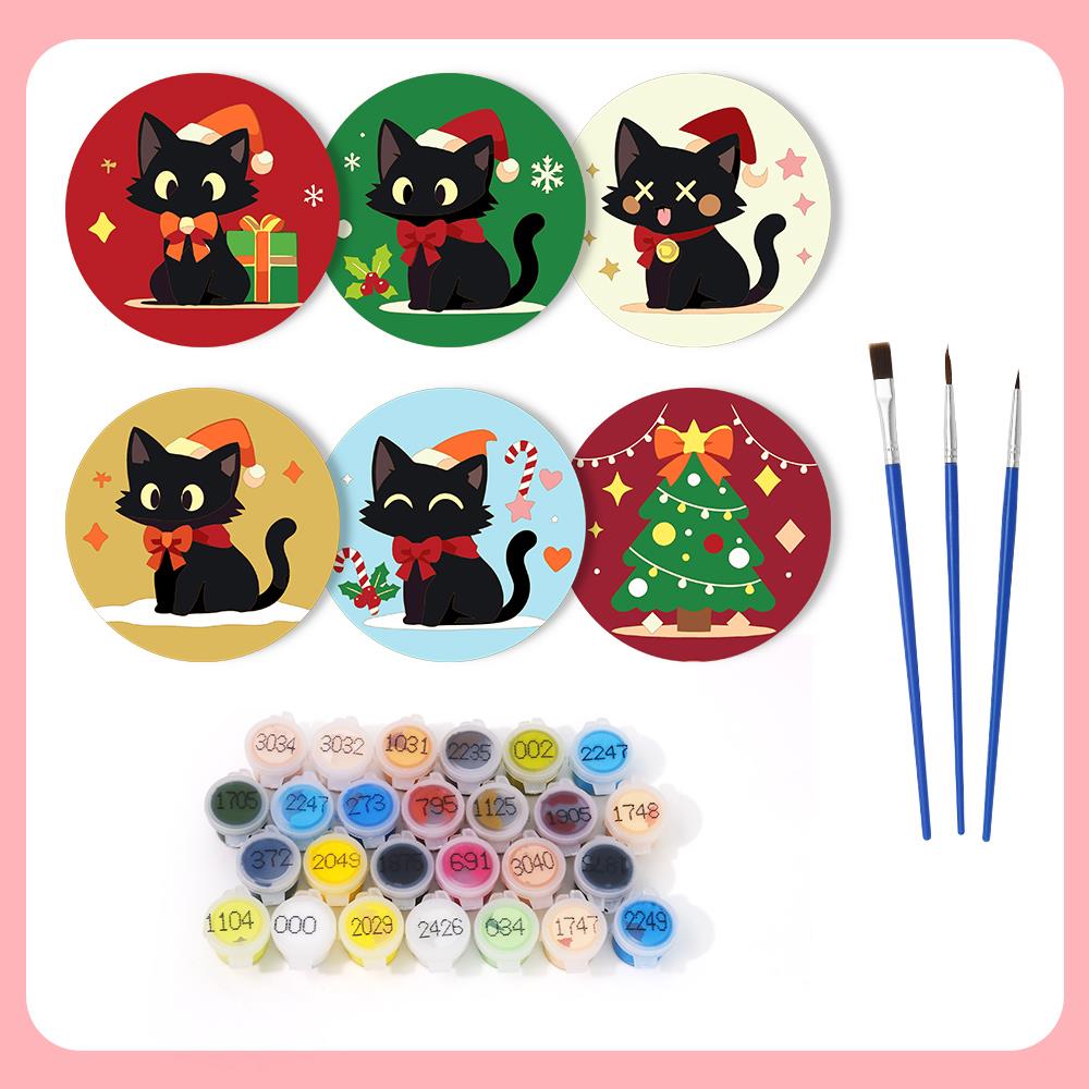 Santa Hat Black Cats paint by numbers coasters – what's in the kit: the 6 coasters, numbered paints and brushes