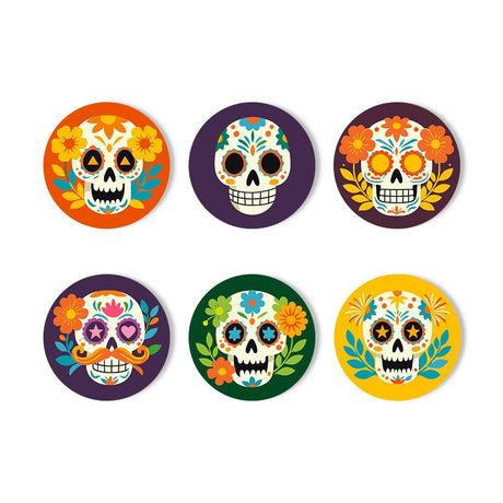 Marigold Sugar Skulls paint by numbers coasters – Six decorated sugar skulls framed with orange and blue flowers on orange, purple, green and yellow grounds