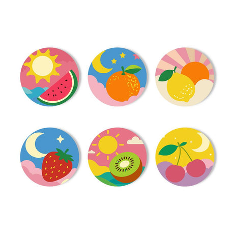 Sun and Moon Fruit Medley paint by numbers coasters – Watermelon, orange, lemons, strawberry, kiwi and cherries set against suns, crescent moons and pastel clouds
