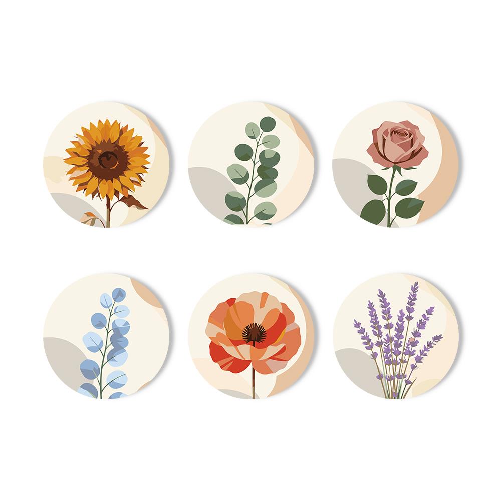 Boho Neutral Botanicals paint by numbers coasters – Sunflower, eucalyptus, rose, blue wildflower, red poppy and lavender on soft cream and beige shapes