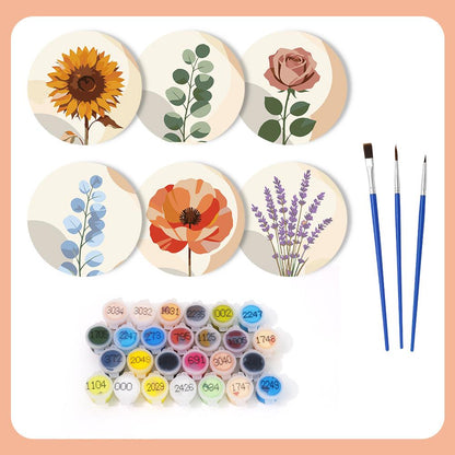 Boho Neutral Botanicals paint by numbers coasters – what's in the kit: the 6 coasters, numbered paints and brushes