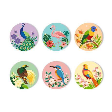 Peacock and Flamingo Aviary paint by numbers coasters – Peacock, flamingo, lorikeet, bird of paradise, kingfisher and golden pheasant among flowers and tropical leaves