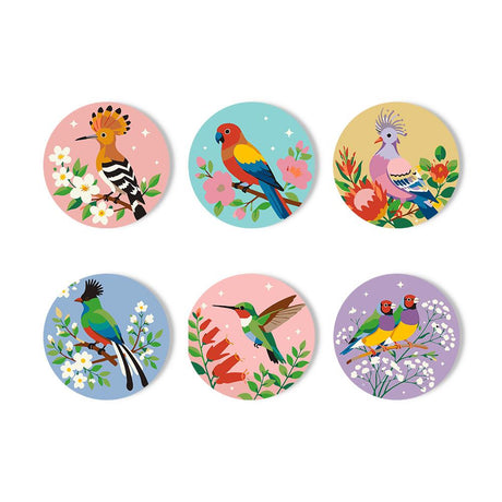 Hoopoe and Hummingbird Blooms paint by numbers coasters – Hoopoe, red parrot, crested pink bird, long-tailed bird, hummingbird and finches perched among bright flowers