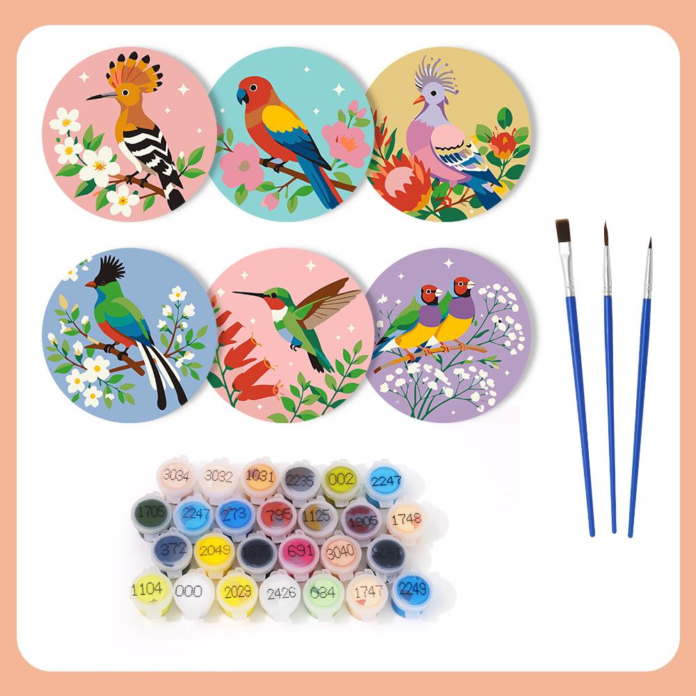 Hoopoe and Hummingbird Blooms paint by numbers coasters – what's in the kit: the 6 coasters, numbered paints and brushes