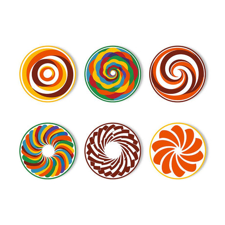 Retro Lollipop Swirls paint by numbers coasters – Six bold spiral and pinwheel patterns in orange, brown, rainbow and chocolate stripes