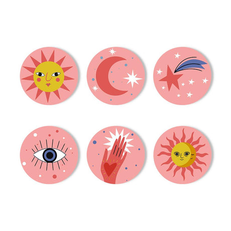 Rosy Mystic Sun and Moon paint by numbers coasters – Smiling suns, crescent moon, shooting star, evil eye and a raised hand with a heart on pink backgrounds