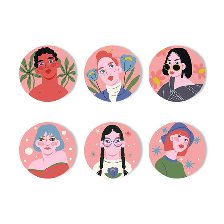 Blush Pink Pop Portraits paint by numbers coasters – Six stylised portraits of young people with flowers, sunglasses, braids and hats on pink backgrounds