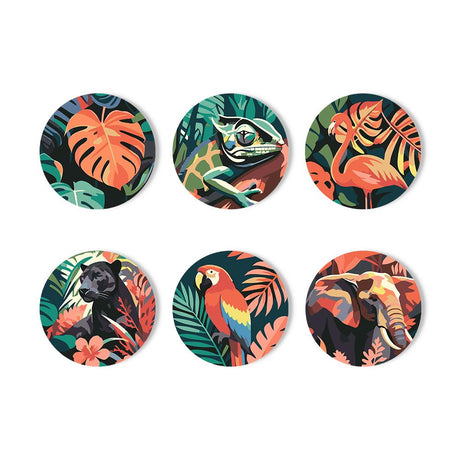 Midnight Jungle Wildlife paint by numbers coasters – Monstera leaf, chameleon, flamingo, black panther, macaw and elephant among tropical leaves on dark backgrounds