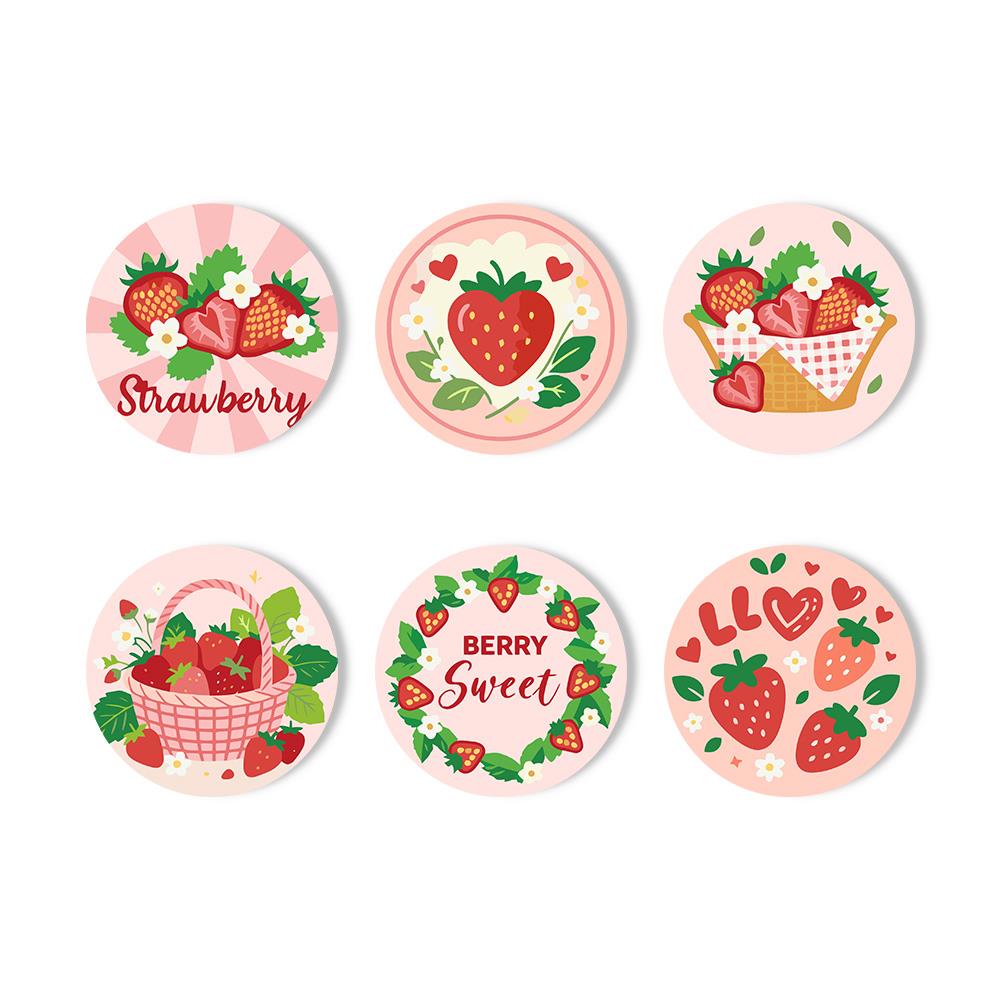 Berry Sweet Strawberry Picnic paint by numbers coasters – Strawberries with lettering, on a plate, in gingham baskets, in a Berry Sweet wreath and with hearts on pink