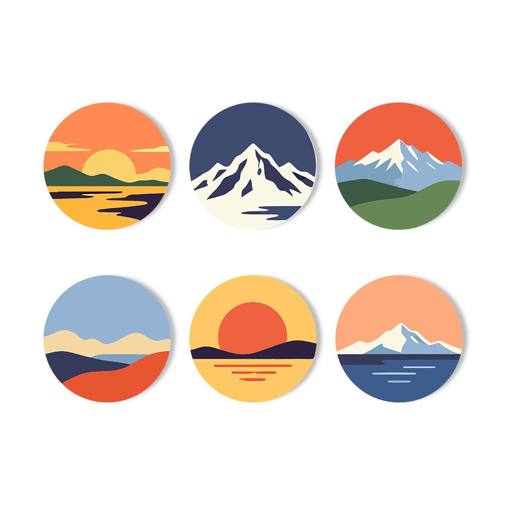 Snowcapped Sunset Horizons paint by numbers coasters – Six layered landscapes with snowy mountains, rolling hills, lakes and setting suns in warm sunset tones